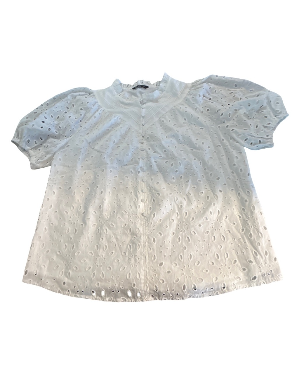 PrettyGarden White Eyelet Lace Button Up Puff Sleeve Ruffle Blouse Top XL Boho